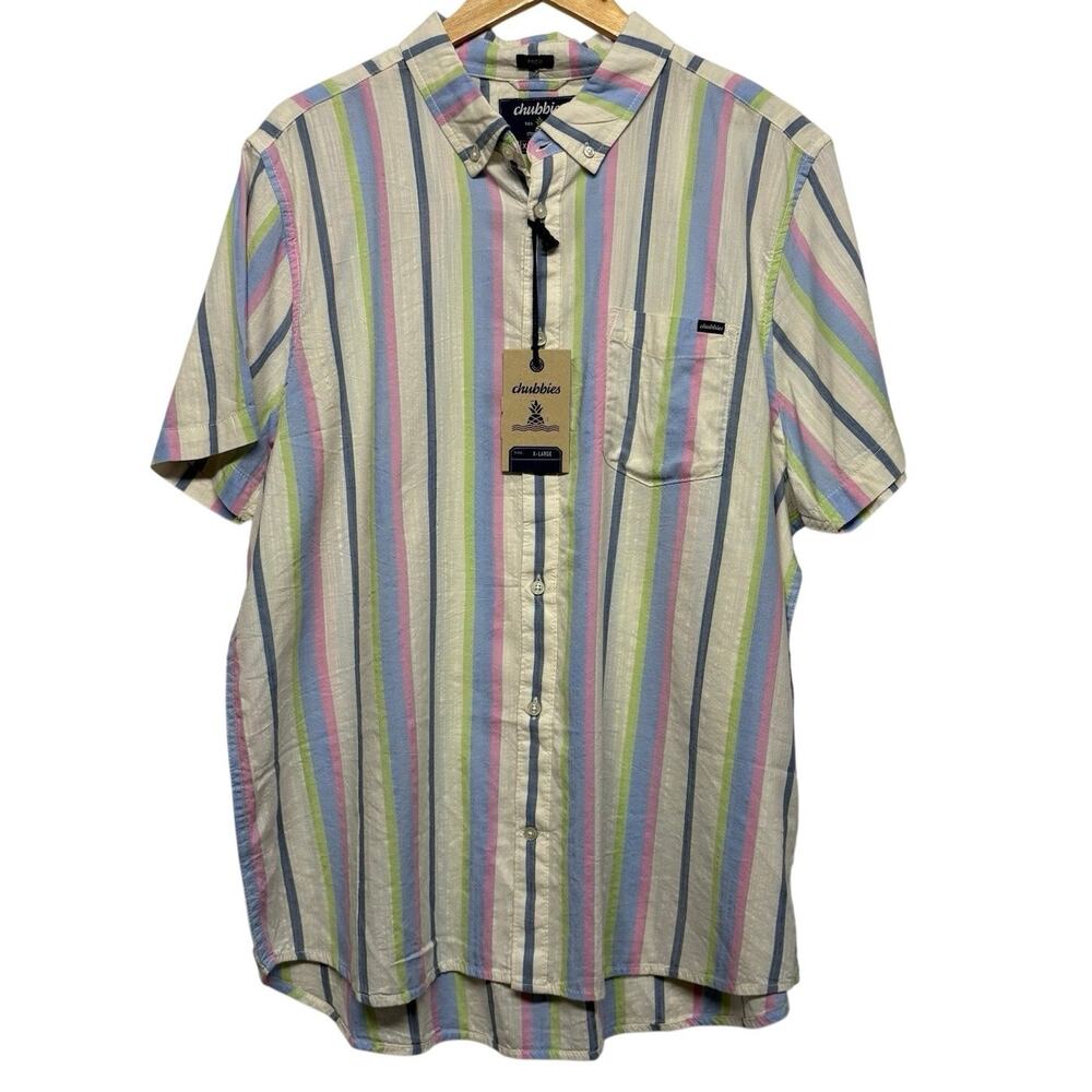 Chubbies Short Sleeve “Soft Serve” Friday Striped Button Up Shirt White Size XL